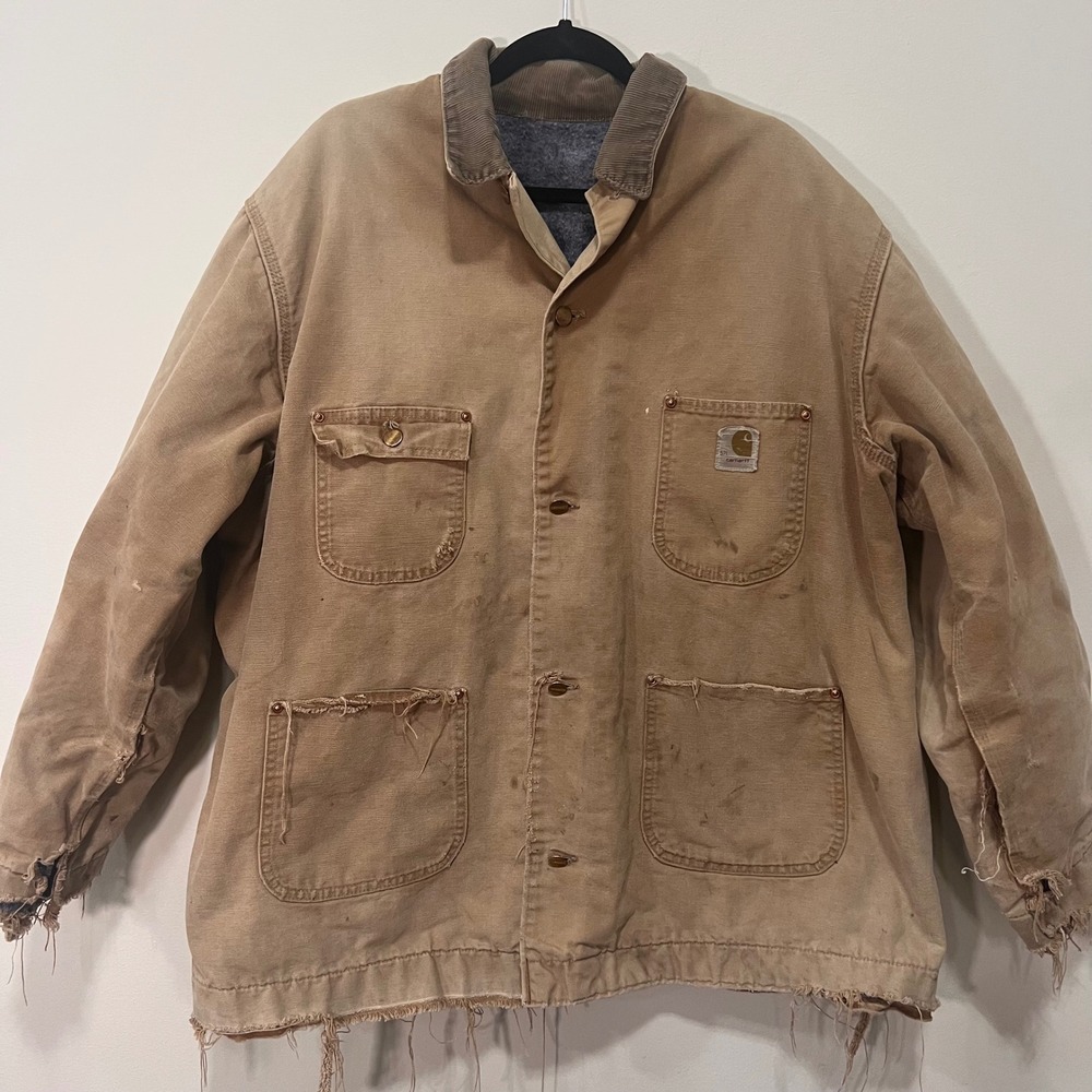 Vintage Carhartt Distressed Chore Coat Tan Duck Canvas Blanket Lined Mens XL 2XL